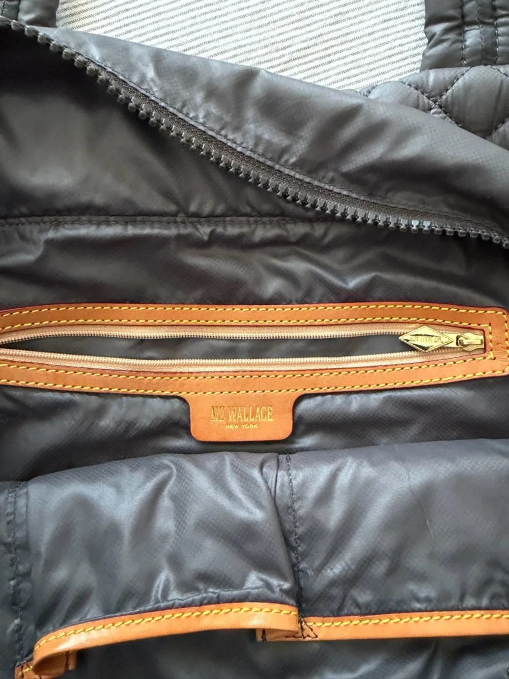 MZ Wallace Quilted Gray Tote with Gold Logo - Picture 7 of 11